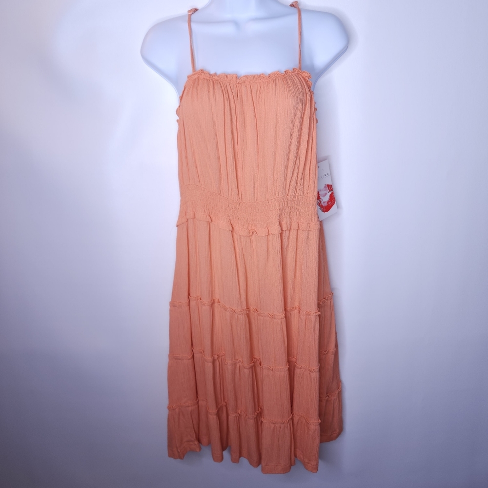 Hot Kiss Sun Dress Tiered Peach Coral Smocked Size Large Adjustable Straps NWT